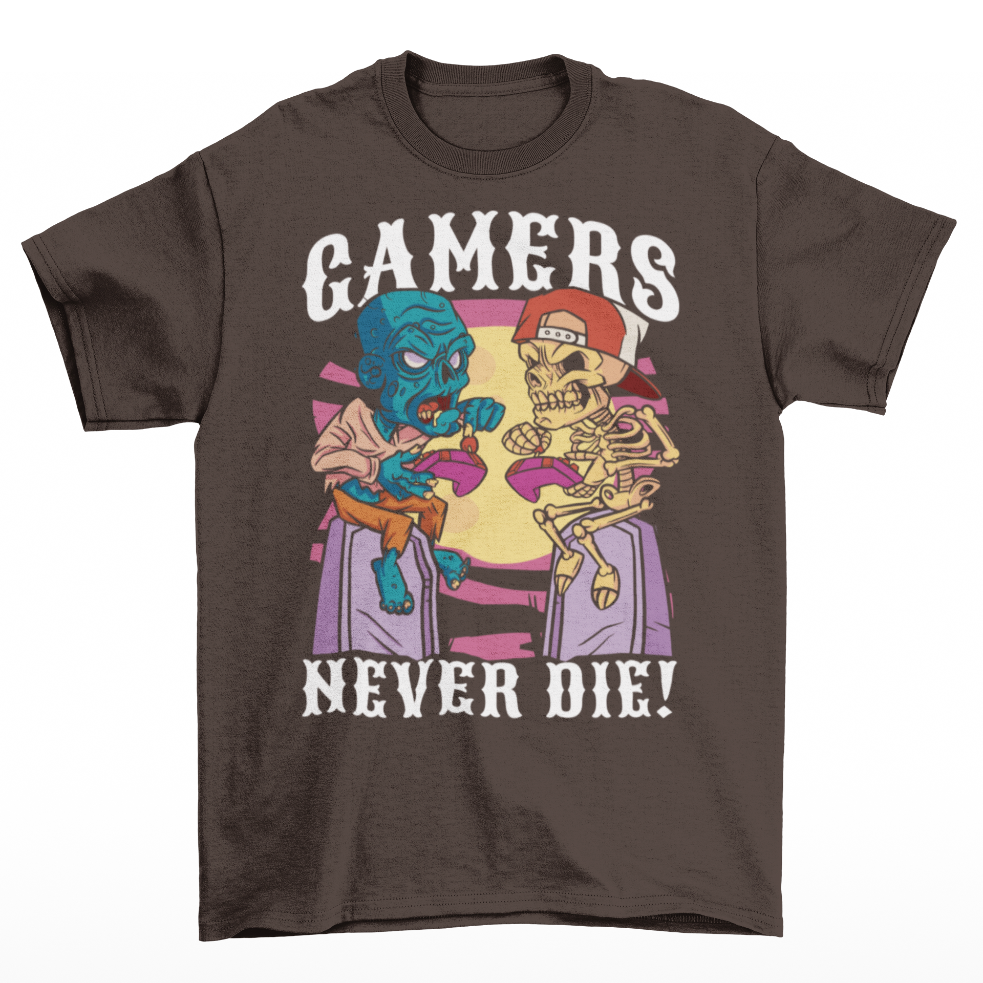 Brown t-shirt of a zombie and skeleton sitting on tombstones gaming with text "GAMER'S NEVER DIE!".