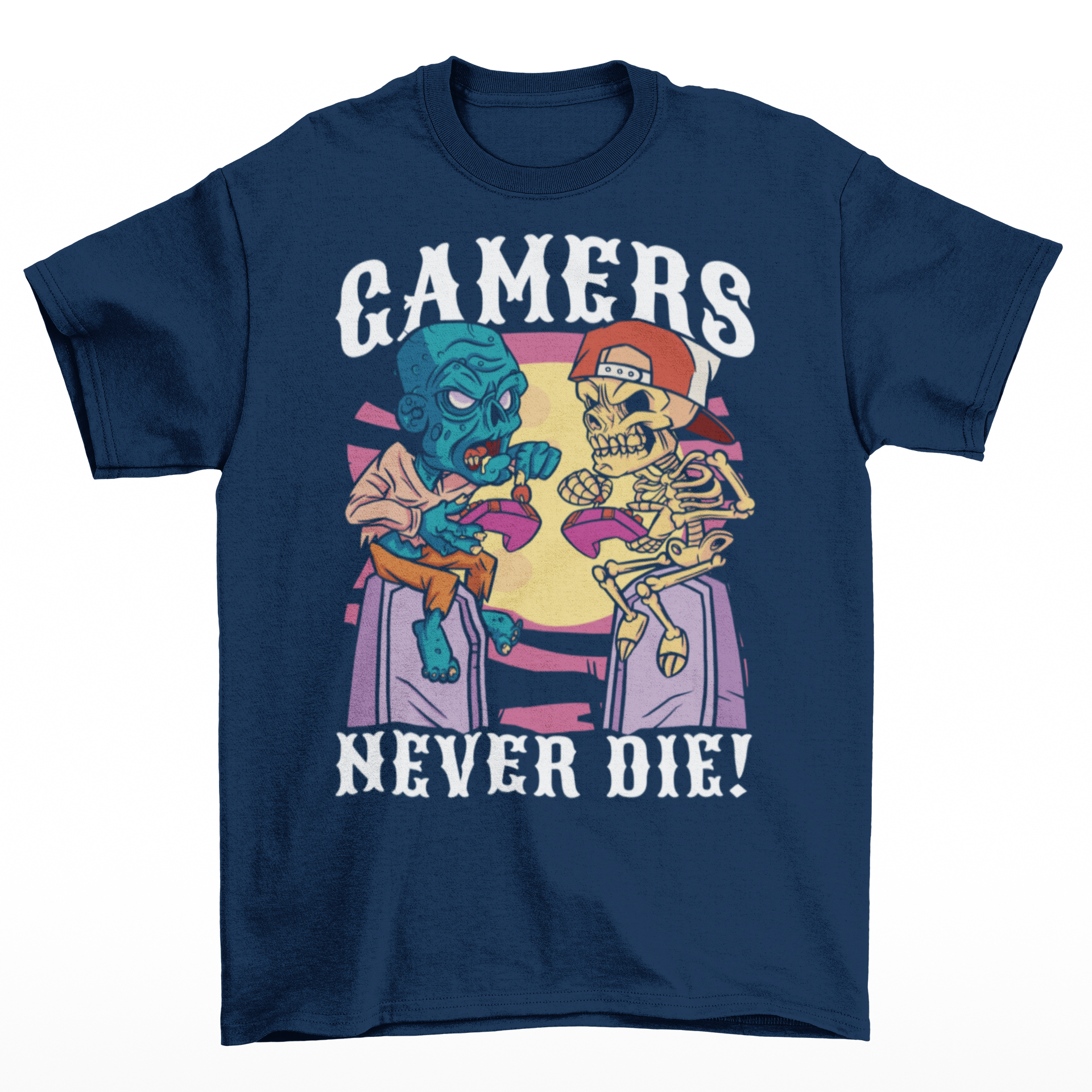 Navy t-shirt of a zombie and skeleton sitting on tombstones gaming with text "GAMER'S NEVER DIE!".