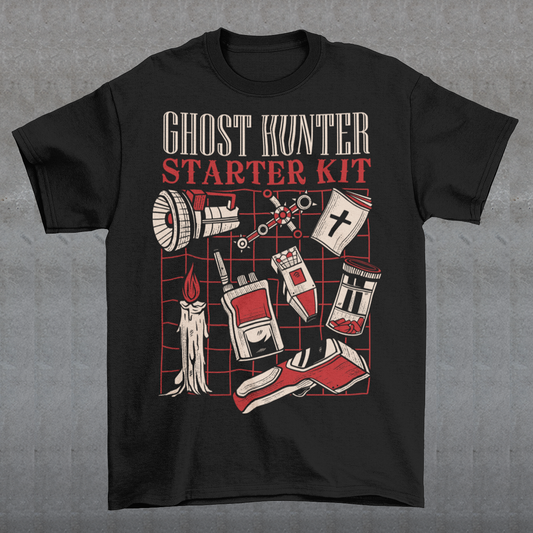 Step into the shadows with this Ghost Hunter Starter Kit t-shirt, a perfect blend of spooky humor and paranormal adventure. Designed for fans of ghost hunting, horror culture, and all things supernatural, this bold graphic tee features a vintage-style layout packed with classic ghost hunting essentials like an EMF reader, flashlight, candle, spirit box, holy book, and more.