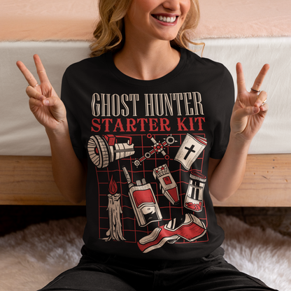 Step into the shadows with this Ghost Hunter Starter Kit t-shirt, a perfect blend of spooky humor and paranormal adventure. Designed for fans of ghost hunting, horror culture, and all things supernatural, this bold graphic tee features a vintage-style layout packed with classic ghost hunting essentials like an EMF reader, flashlight, candle, spirit box, holy book, and more.