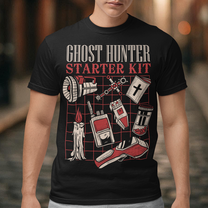 Step into the shadows with this Ghost Hunter Starter Kit t-shirt, a perfect blend of spooky humor and paranormal adventure. Designed for fans of ghost hunting, horror culture, and all things supernatural, this bold graphic tee features a vintage-style layout packed with classic ghost hunting essentials like an EMF reader, flashlight, candle, spirit box, holy book, and more.