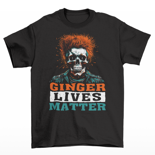 Black t-shirt of a skull with red hair and text  "GINGER LIVES MATTER".