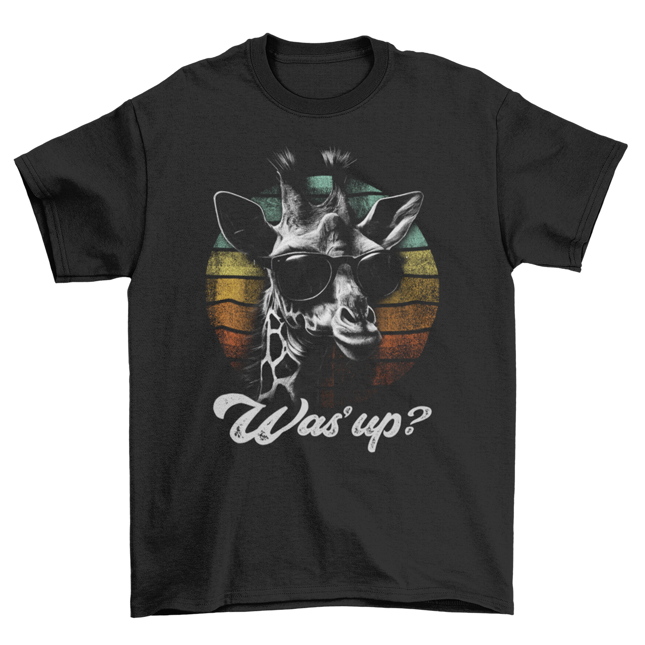 Black t-shirt of giraffe wearing sunglasses with retro sunset background with text "Was'up?".