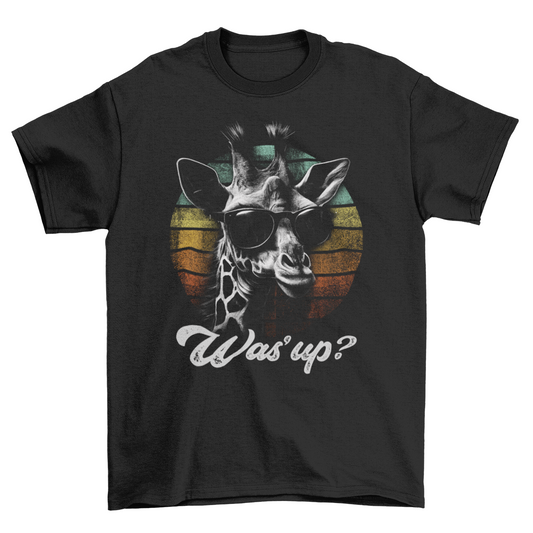 Black t-shirt of giraffe wearing sunglasses with retro sunset background with text "Was'up?".