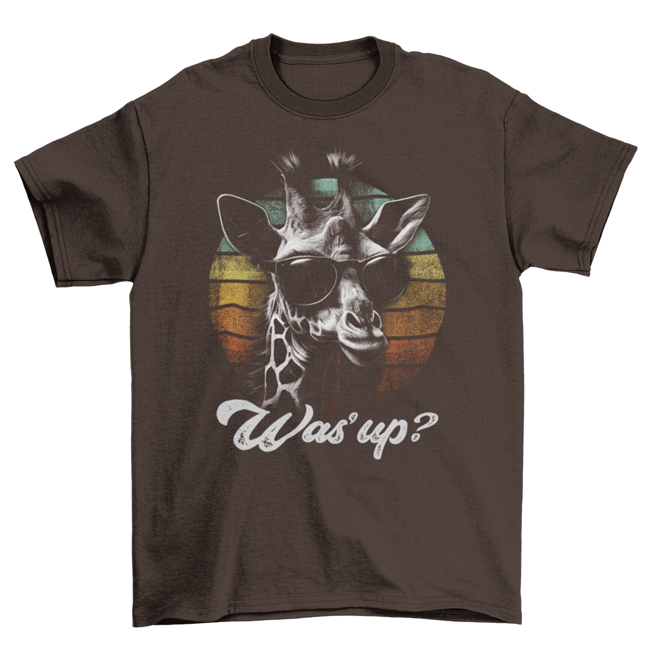 Brown t-shirt of giraffe wearing sunglasses with retro sunset background with text "Was'up?".