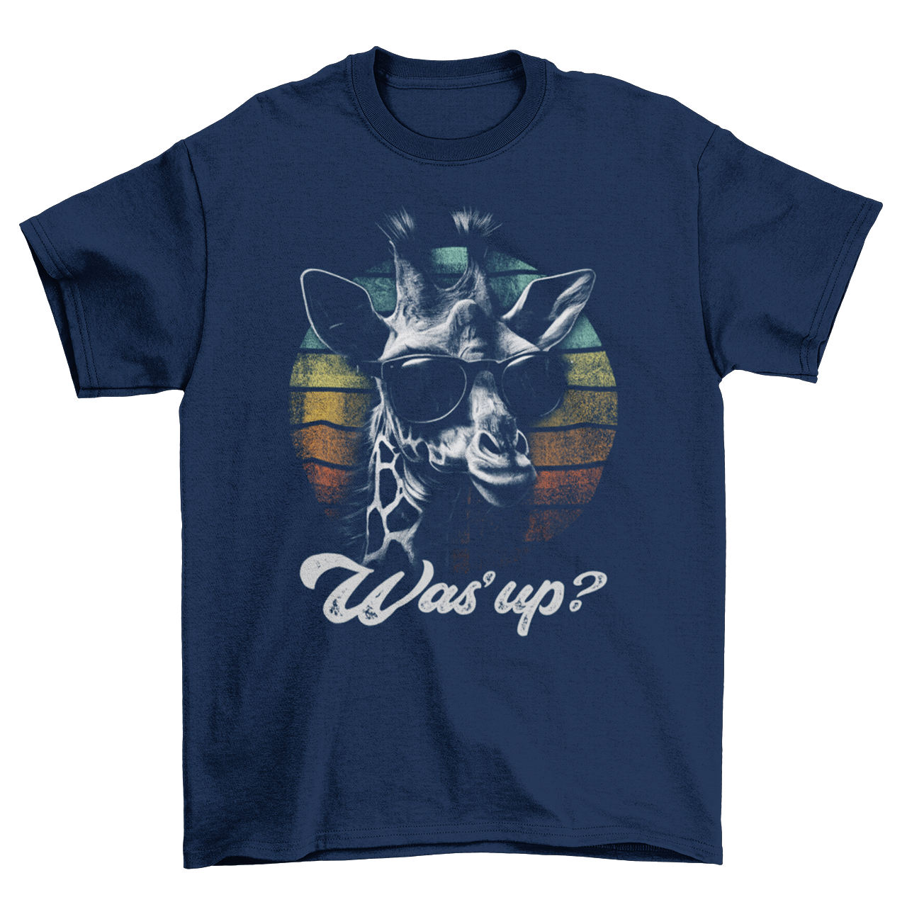 Navy t-shirt of giraffe wearing sunglasses with retro sunset background with text "Was'up?".