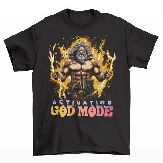 Black t-shirt of Zeus surrounded by lighting with text underneath "ACTIVATING GOD MODE".