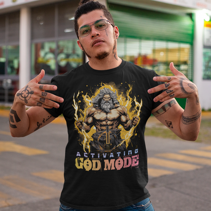 Feel the electrifying power of the gods with our Zeus-themed t-shirt, a fusion of mythology and modern gaming culture. Dominating the forefront of the design is the mighty Zeus himself, rendered in stunning detail and surrounded by dynamic bolts of lightning that crackle and dance, creating an aura of raw energy and unmatched strength.