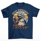 Navy t-shirt of Godzilla in front of a retro sun with text PEACE MADAFAKAS!.