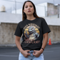 Black t-shirt of Godzilla in front of a retro sun with text PEACE MADAFAKAS!.