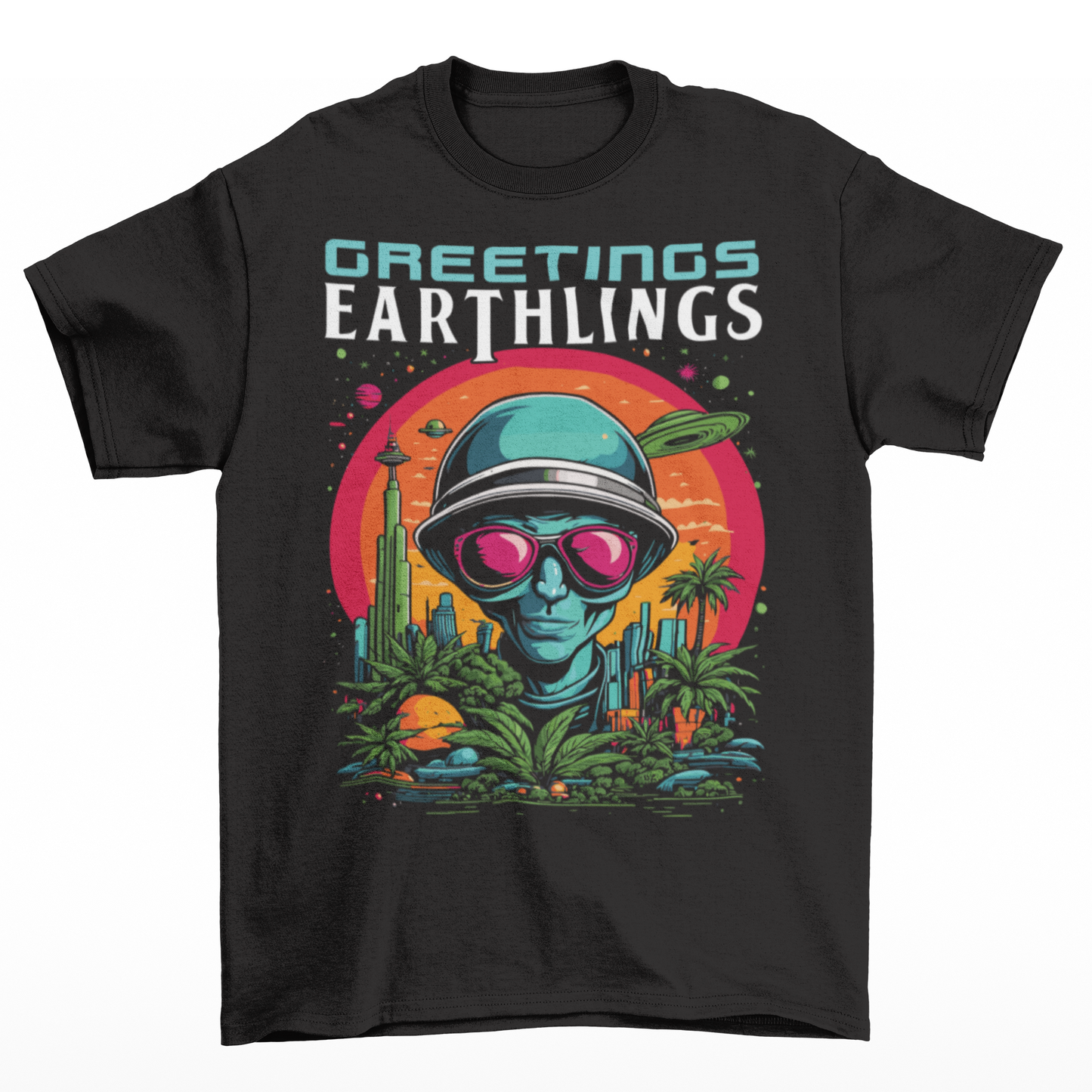 Black t-shirt of an alien with text "GREETINGS EARTHLINGS".