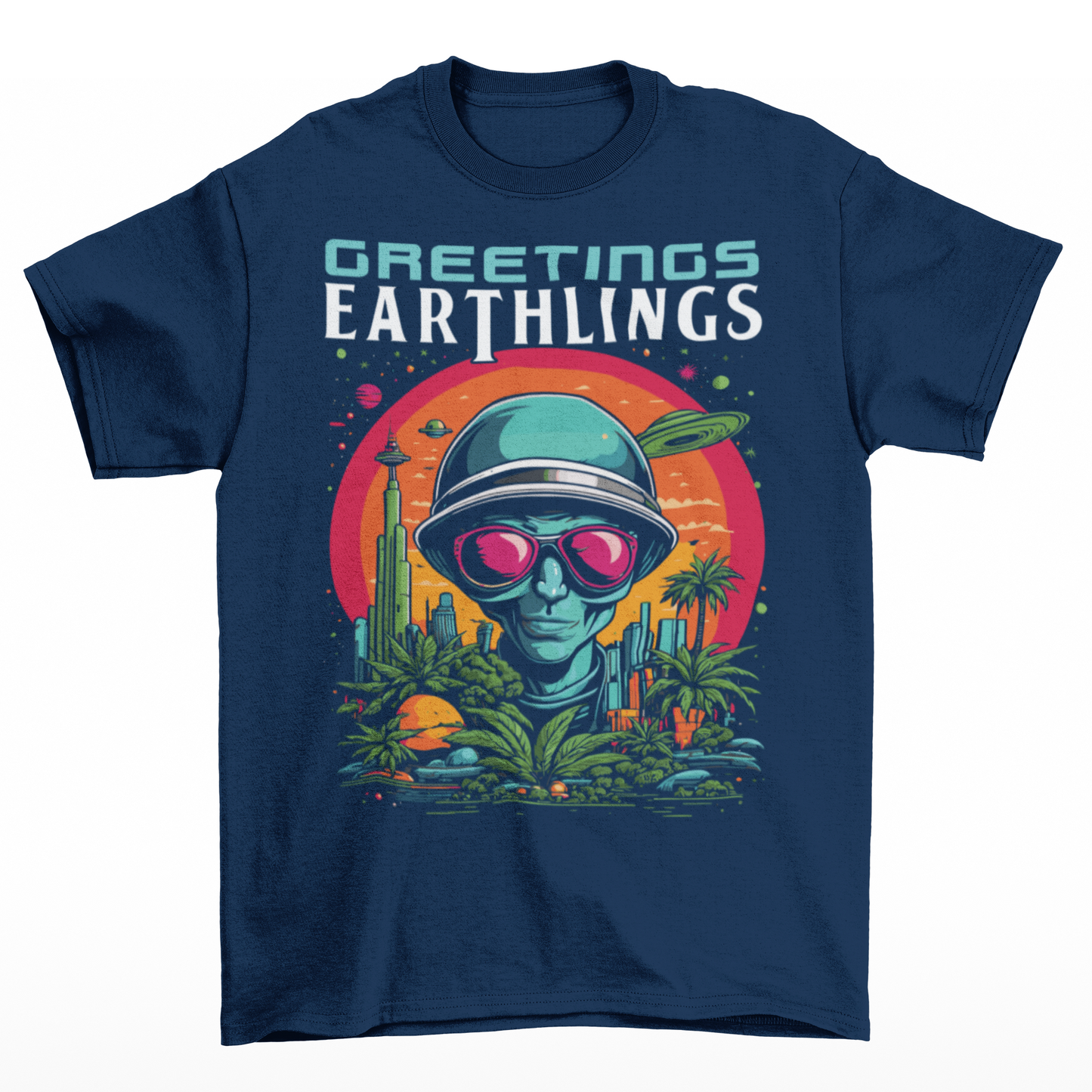 Navy t-shirt of an alien with text "GREETINGS EARTHLINGS".