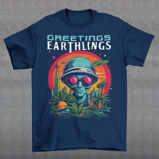 Embrace extraterrestrial style with our captivating t-shirt featuring a quirky alien extending intergalactic salutations with the message, "GREETINGS EARTHLINGS." This whimsical design showcases a friendly extraterrestrial being, adding an otherworldly charm to your wardrobe. The vibrant and detailed illustration captures the essence of cosmic curiosity, making it a perfect choice for those who appreciate a touch of the unknown.