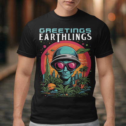 Embrace extraterrestrial style with our captivating t-shirt featuring a quirky alien extending intergalactic salutations with the message, "GREETINGS EARTHLINGS." This whimsical design showcases a friendly extraterrestrial being, adding an otherworldly charm to your wardrobe. The vibrant and detailed illustration captures the essence of cosmic curiosity, making it a perfect choice for those who appreciate a touch of the unknown.