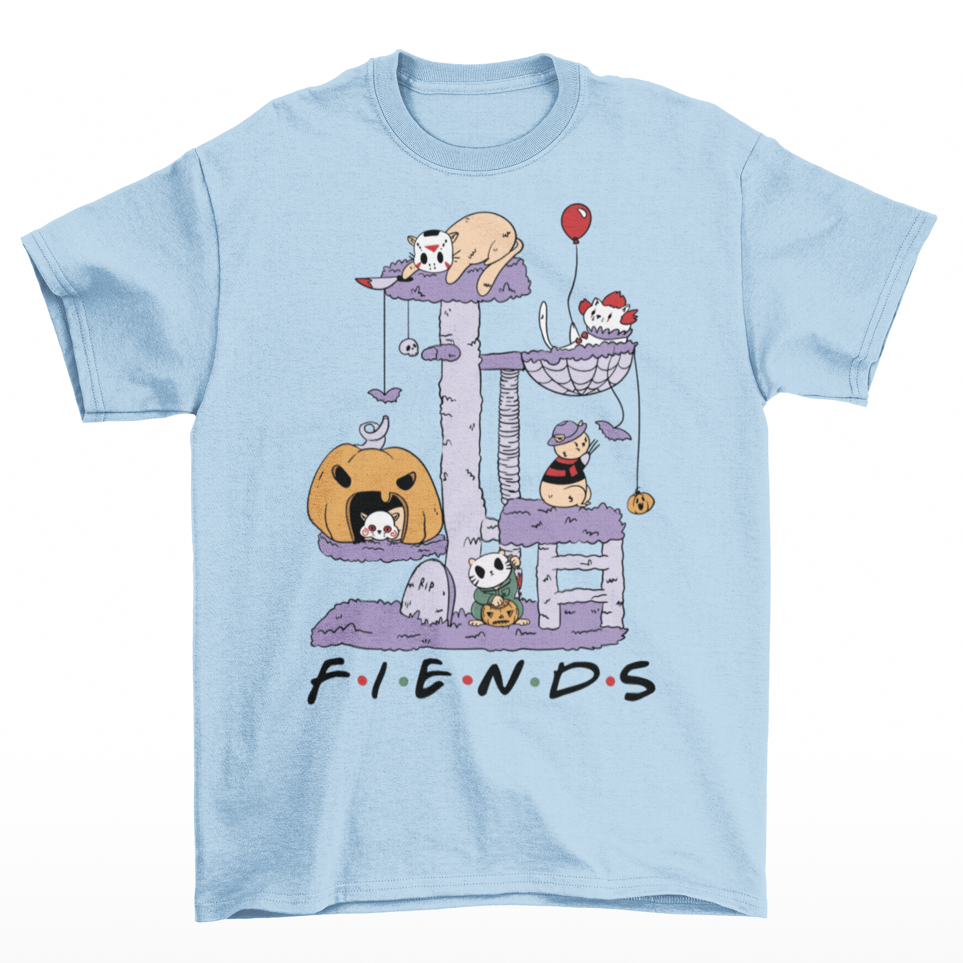 Light blue halloween t-shirt of horror cat characters on a cat tree with text  "FIENDS".