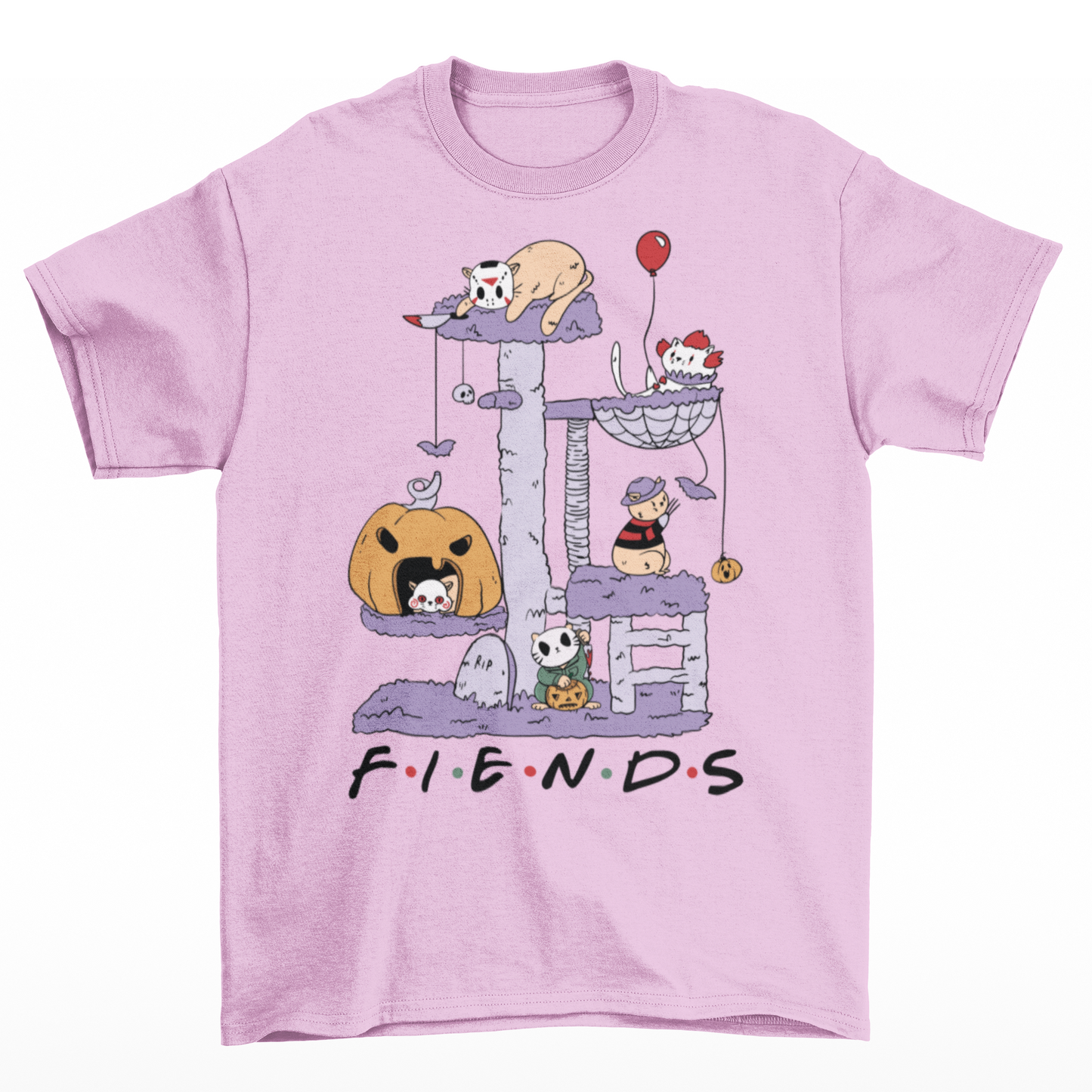 Pink halloween t-shirt of horror cat characters on a cat tree with text  "FIENDS".