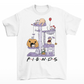 White halloween t-shirt of horror cat characters on a cat tree with text  "FIENDS".