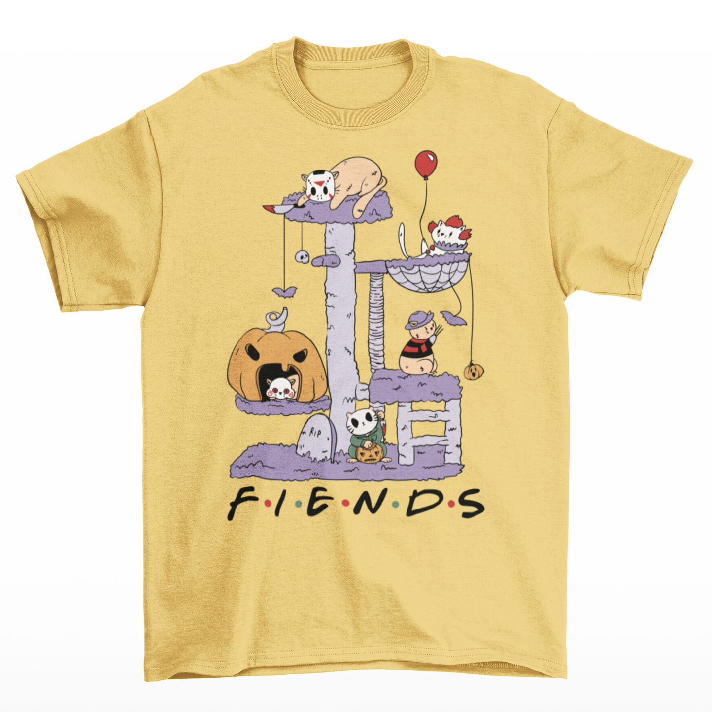 Yellow halloween t-shirt of horror cat characters on a cat tree with text  "FIENDS".