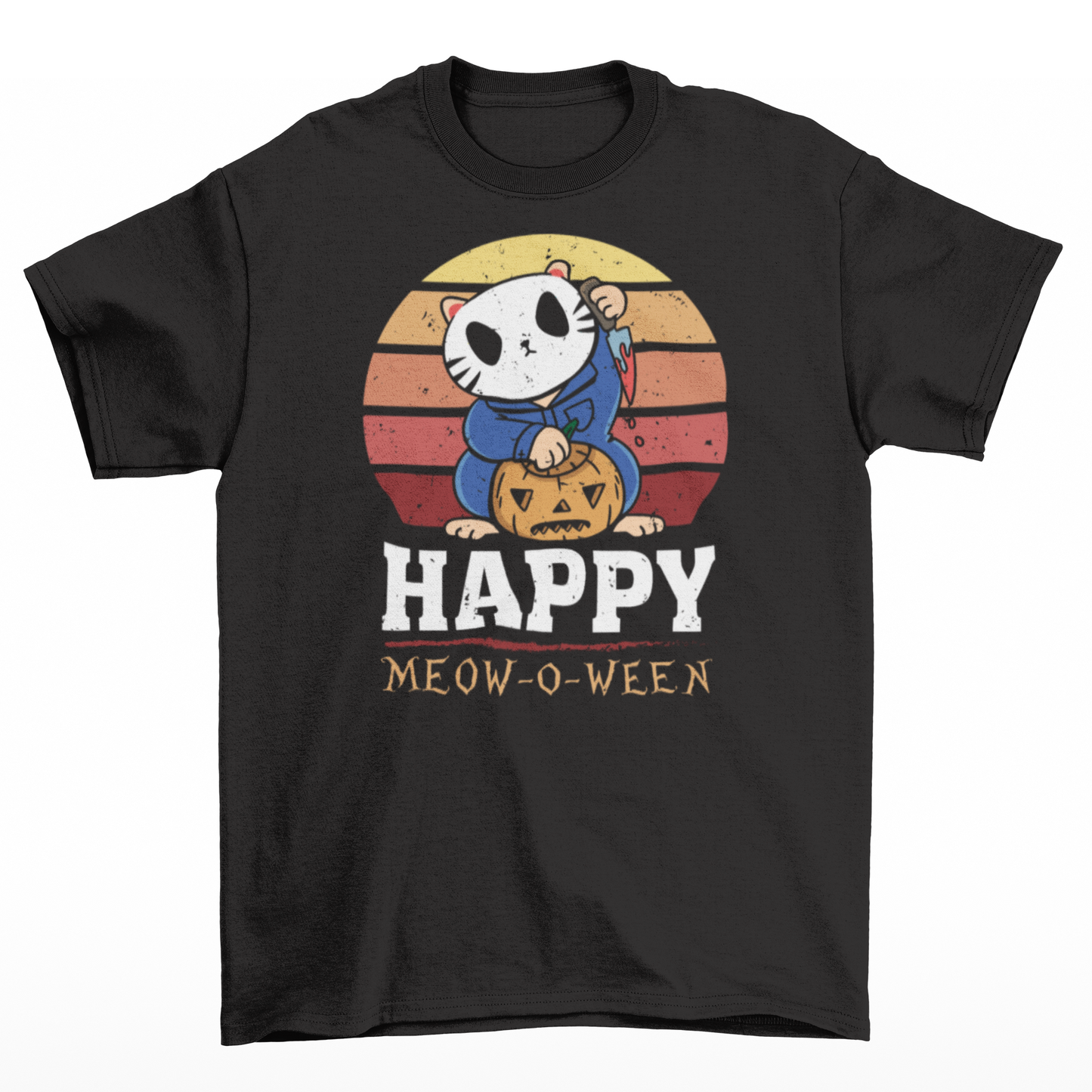 Black halloween t-shirt of a cat in a horror costume with retro sun background with text underneath  "HAPPY MEOW-O-WEEN".