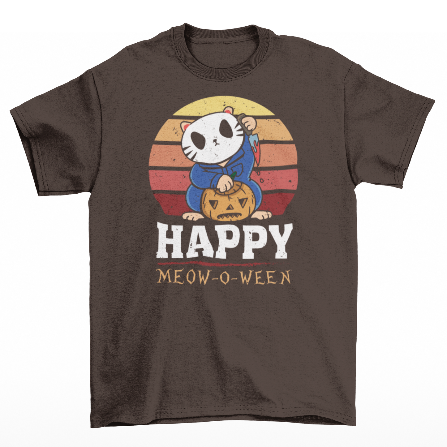 Brown halloween t-shirt of a cat in a horror costume with retro sun background with text underneath  "HAPPY MEOW-O-WEEN".