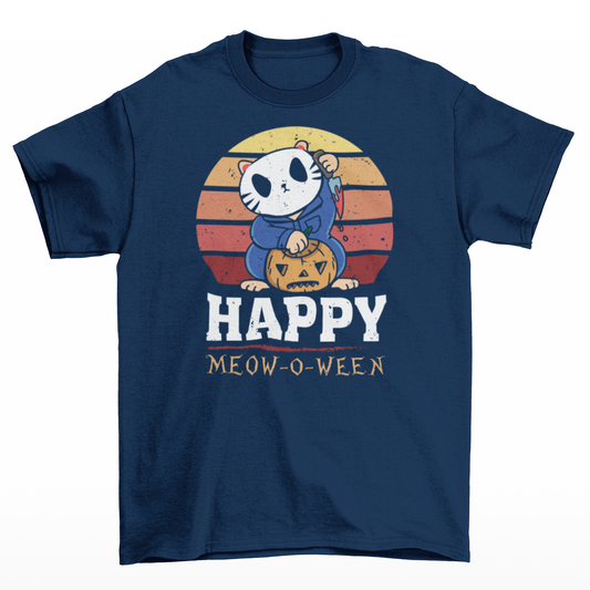 Navy halloween t-shirt of a cat in a horror costume with retro sun background with text underneath  "HAPPY MEOW-O-WEEN".