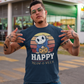 Navy halloween t-shirt of a cat in a horror costume with retro sun background with text underneath  "HAPPY MEOW-O-WEEN".