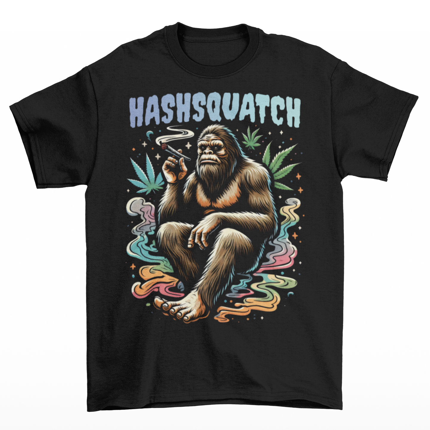 Black t-shirt of a Sasquatch smoking weed with text above HASHSQUATCH.