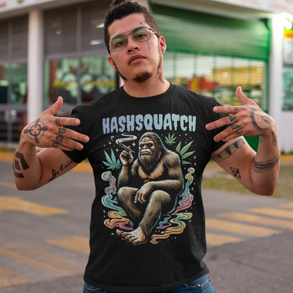 Unleash your inner legend with our exclusive "HASHSQUATCH" shirt! This eye-catching design features the elusive Sasquatch, chilling and lighting up a joint amidst the tranquility of the forest. The mythical creature, rendered in vibrant, detailed artwork, exudes a laid-back vibe that's perfect for anyone who appreciates a good toke and a good tale. Above the image, the bold and playful text "HASHSQUATCH" crowns the design, blending humor and myth into a single, unforgettable statement piece