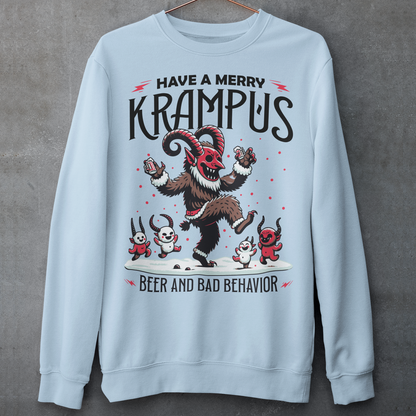 Light Blue sweatshirt of Krampus partying at Christmas and text "HAVE A MERRY KRAMPUS."