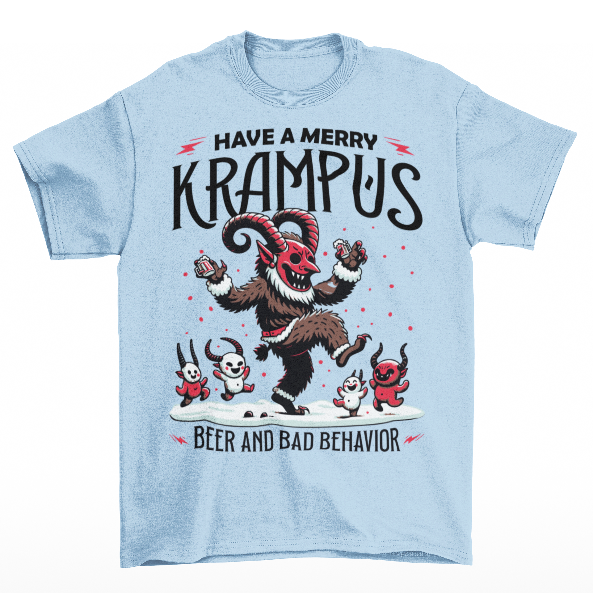 Light Blue t-shirt of Krampus partying at Christmas and text "HAVE A MERRY KRAMPUS."