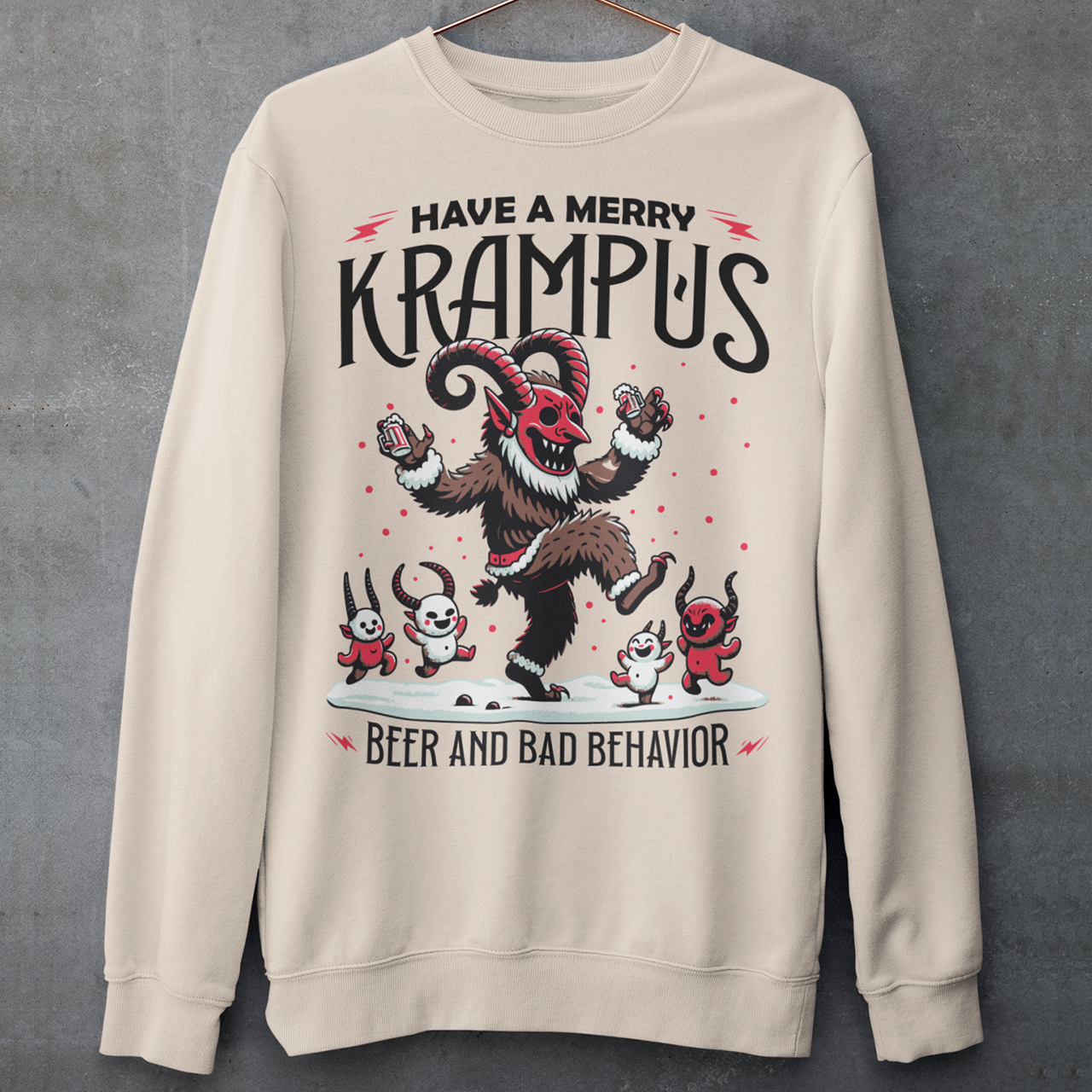 Cream sweatshirt of Krampus partying at Christmas and text "HAVE A MERRY KRAMPUS."