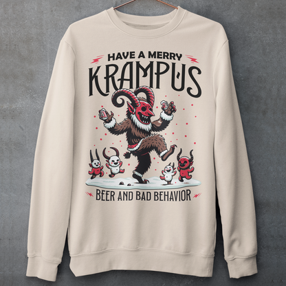 Cream sweatshirt of Krampus partying at Christmas and text "HAVE A MERRY KRAMPUS."