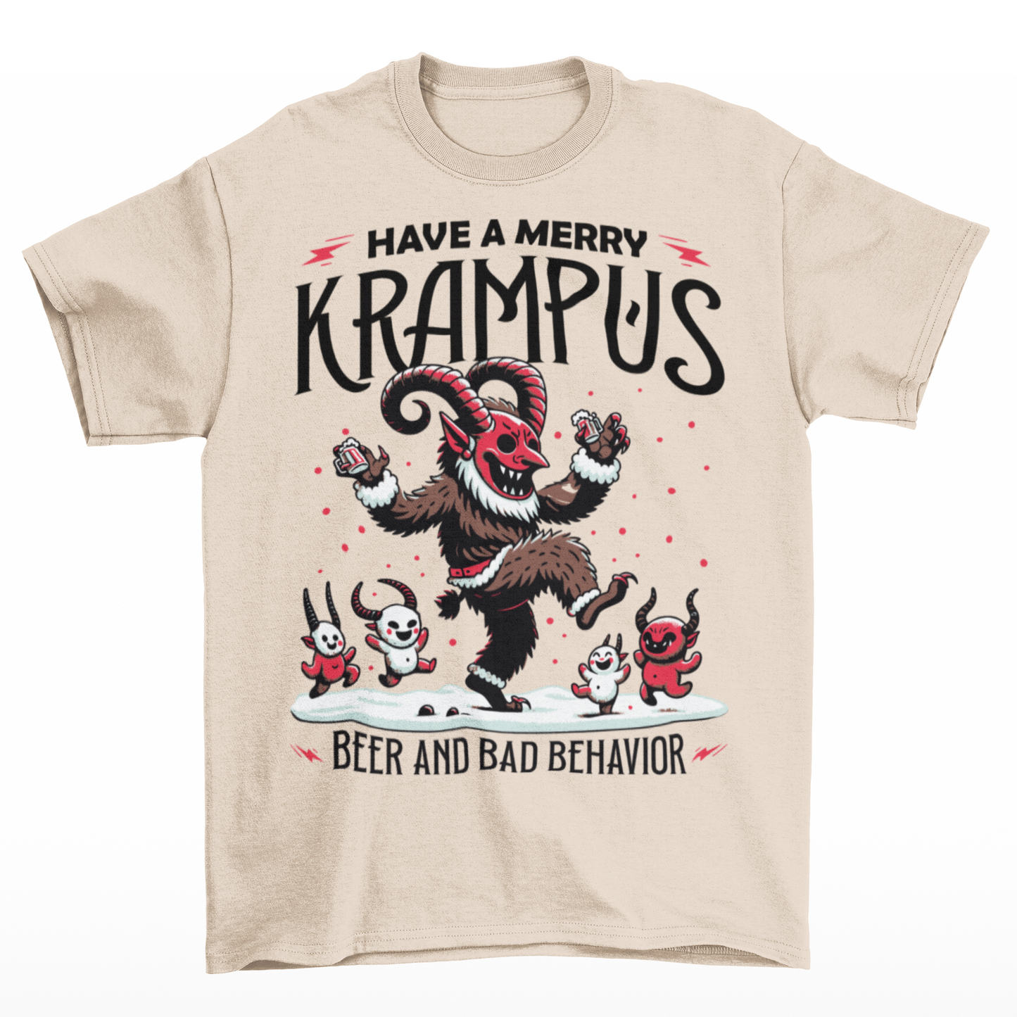 Cream t-shirt of Krampus partying at Christmas and text "HAVE A MERRY KRAMPUS."