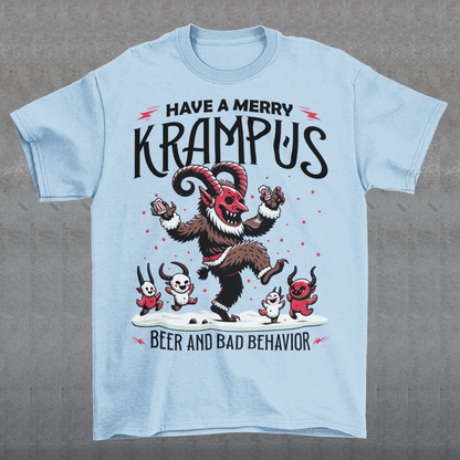The T-shirt design features Krampus in a festive yet mischievous scene, decked out in holiday cheer. Krampus, the legendary Christmas creature, is depicted dancing with a mischievous grin, holding a beer and surrounded by a few playful imps. Above the scene, bold black lettering reads, "HAVE A MERRY KRAMPUS," with a mix of gothic and playful fonts, giving it a fun yet eerie holiday vibe.