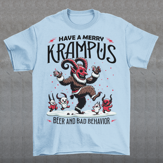 The T-shirt design features Krampus in a festive yet mischievous scene, decked out in holiday cheer. Krampus, the legendary Christmas creature, is depicted dancing with a mischievous grin, holding a beer and surrounded by a few playful imps. Above the scene, bold black lettering reads, "HAVE A MERRY KRAMPUS," with a mix of gothic and playful fonts, giving it a fun yet eerie holiday vibe.