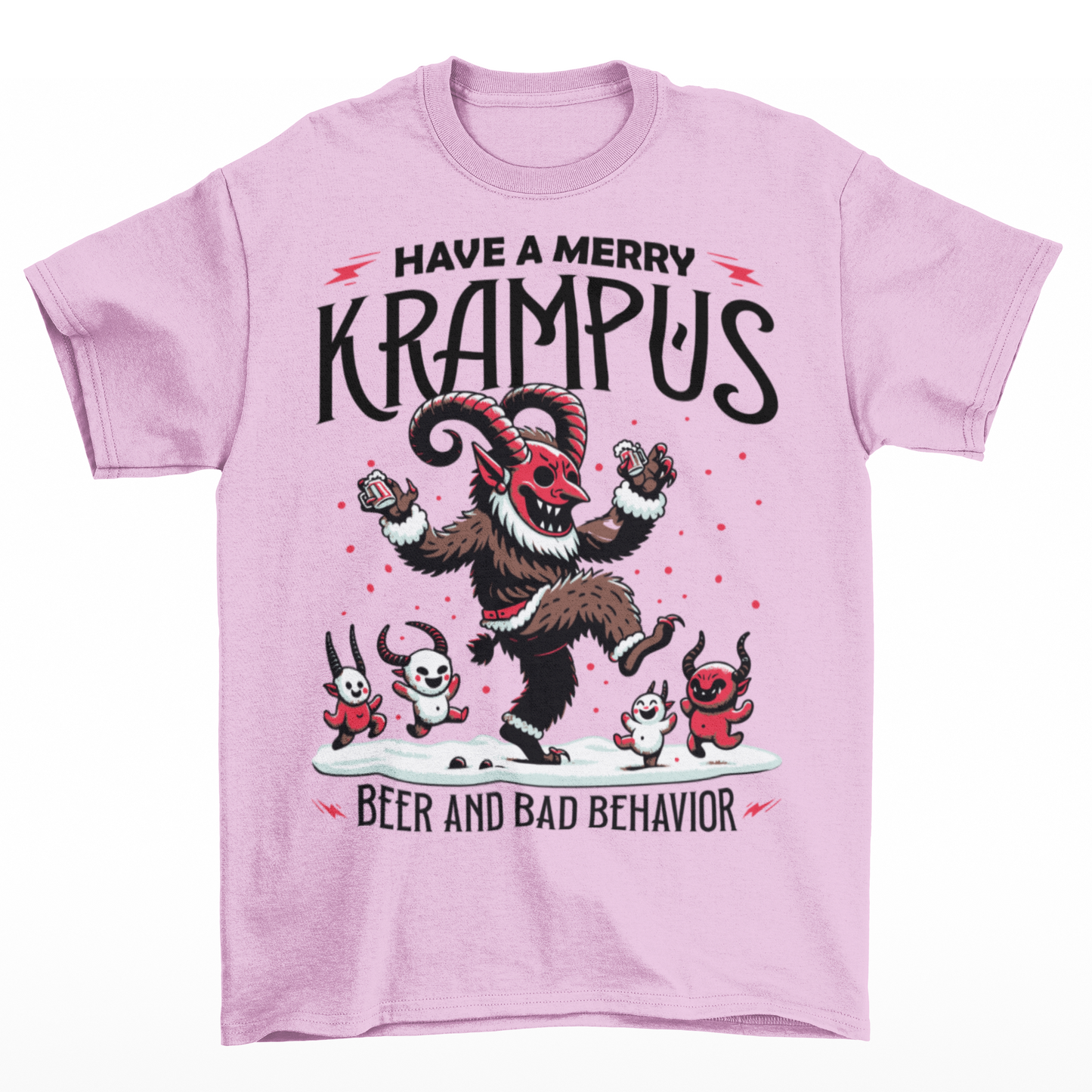 Pink t-shirt of Krampus partying at Christmas and text "HAVE A MERRY KRAMPUS."