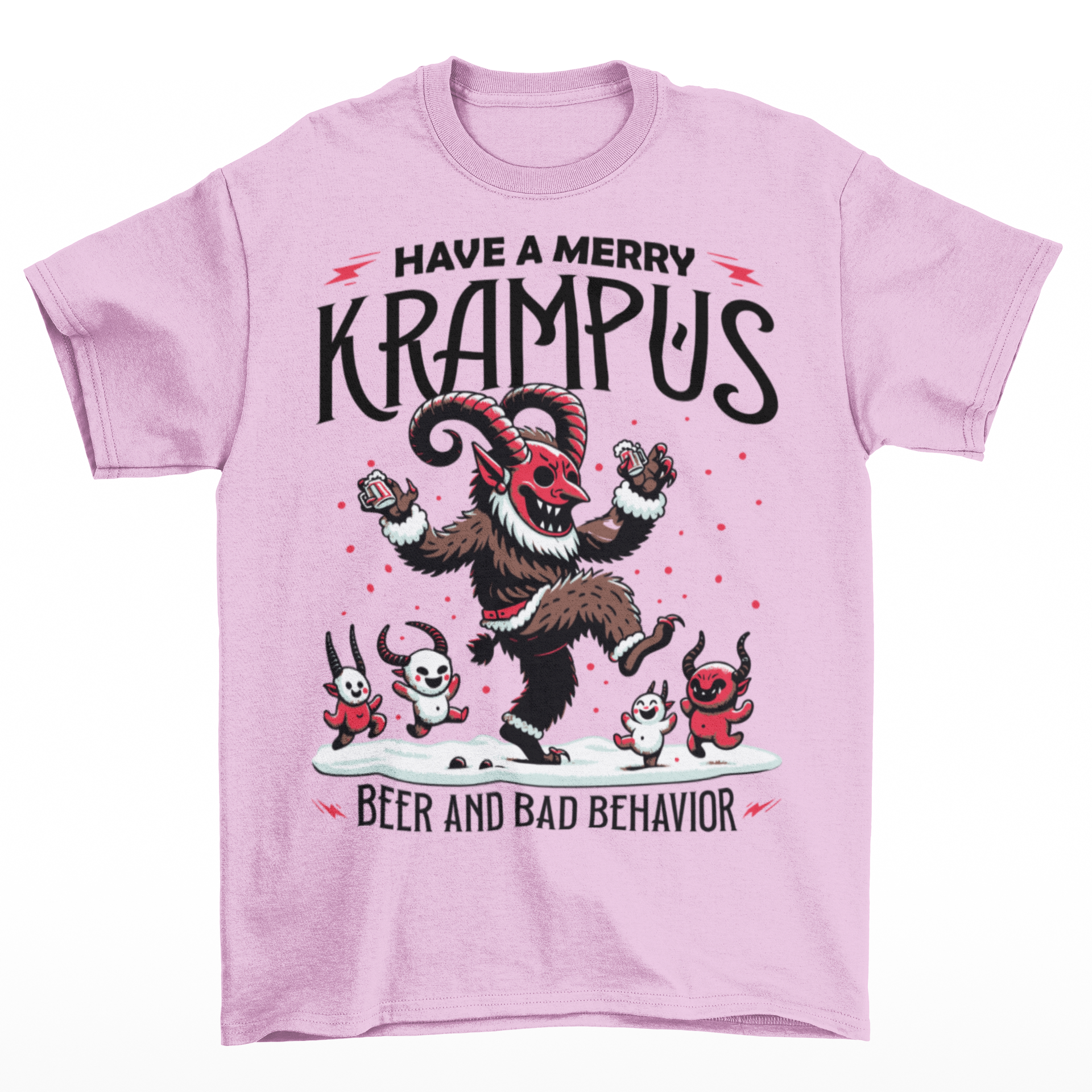 Pink t-shirt of Krampus partying at Christmas and text "HAVE A MERRY KRAMPUS."