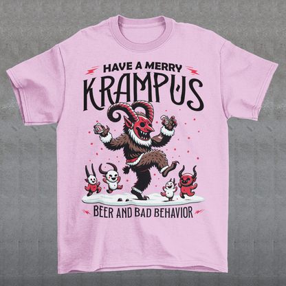 The T-shirt design features Krampus in a festive yet mischievous scene, decked out in holiday cheer. Krampus, the legendary Christmas creature, is depicted dancing with a mischievous grin, holding a beer and surrounded by a few playful imps. Above the scene, bold black lettering reads, "HAVE A MERRY KRAMPUS," with a mix of gothic and playful fonts, giving it a fun yet eerie holiday vibe.