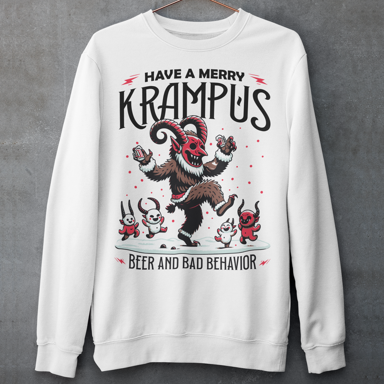 White sweatshirt of Krampus partying at Christmas and text "HAVE A MERRY KRAMPUS."