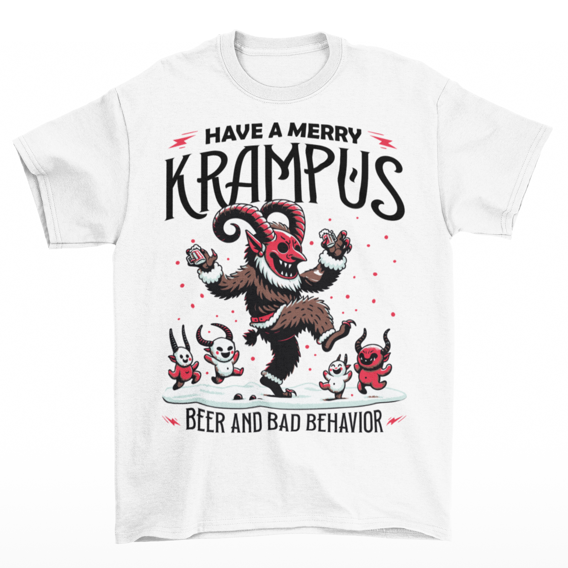 White t-shirt of Krampus partying at Christmas and text "HAVE A MERRY KRAMPUS."