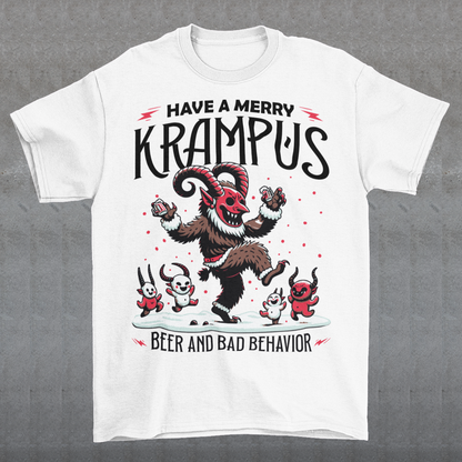 The T-shirt design features Krampus in a festive yet mischievous scene, decked out in holiday cheer. Krampus, the legendary Christmas creature, is depicted dancing with a mischievous grin, holding a beer and surrounded by a few playful imps. Above the scene, bold black lettering reads, "HAVE A MERRY KRAMPUS," with a mix of gothic and playful fonts, giving it a fun yet eerie holiday vibe.