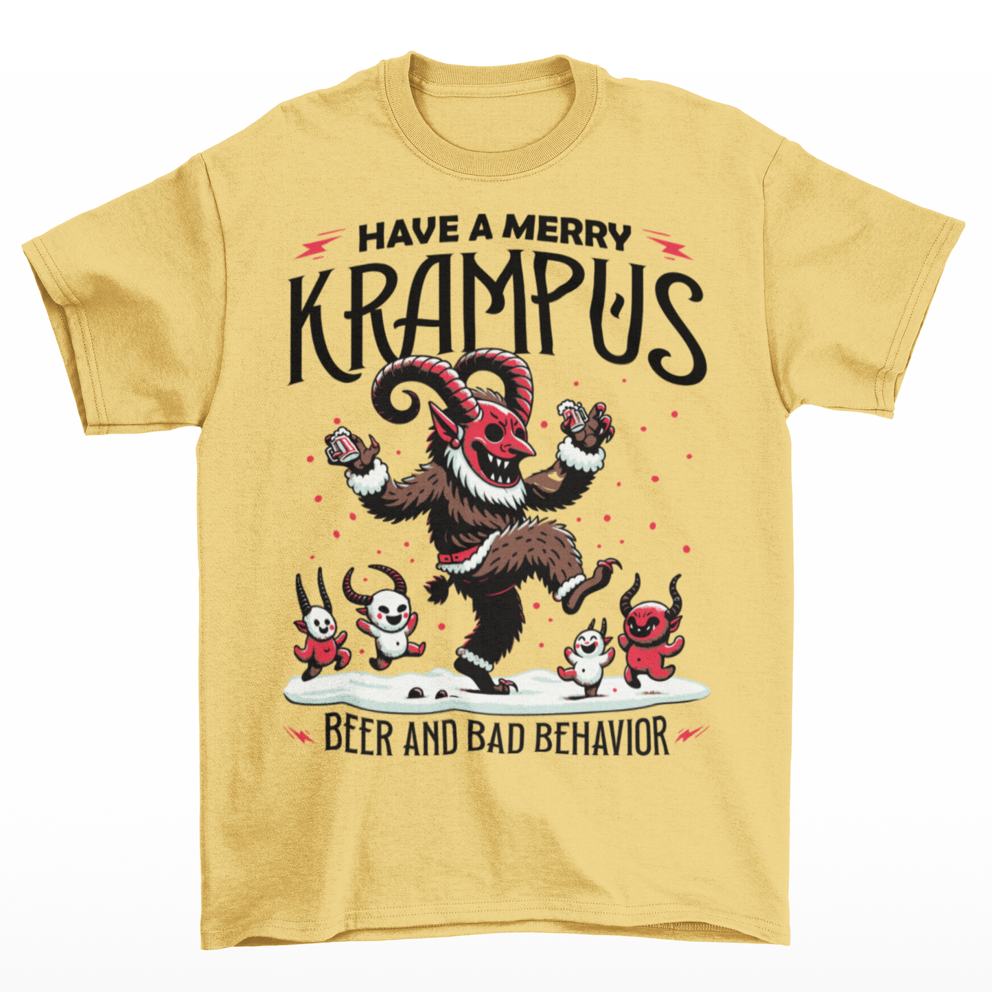 Yellow t-shirt of Krampus partying at Christmas and text "HAVE A MERRY KRAMPUS."