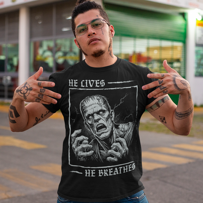 Unleash the power of classic horror with this bold Frankenstein T-Shirt! Featuring a striking, high-contrast illustration of Frankenstein’s monster, the design captures the iconic creature in vivid detail, with piercing eyes and a dramatic aura of life and electricity. Wear it to make a statement, celebrate the macabre, or just show off your love for the timeless tale of Frankenstein’s monster.