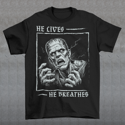 Unleash the power of classic horror with this bold Frankenstein T-Shirt! Featuring a striking, high-contrast illustration of Frankenstein’s monster, the design captures the iconic creature in vivid detail, with piercing eyes and a dramatic aura of life and electricity. Wear it to make a statement, celebrate the macabre, or just show off your love for the timeless tale of Frankenstein’s monster.