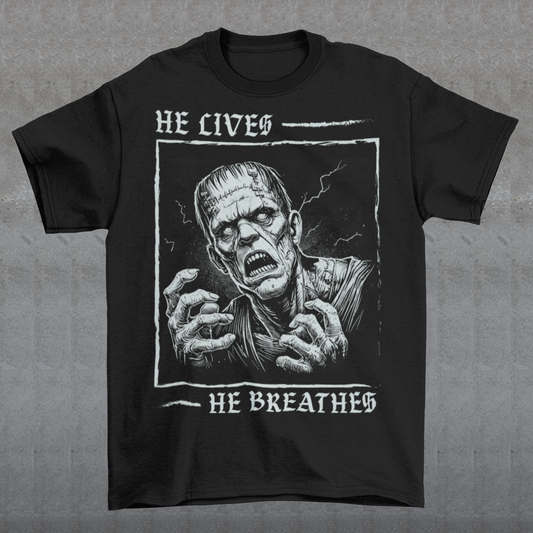 Unleash the power of classic horror with this bold Frankenstein T-Shirt! Featuring a striking, high-contrast illustration of Frankenstein’s monster, the design captures the iconic creature in vivid detail, with piercing eyes and a dramatic aura of life and electricity. Wear it to make a statement, celebrate the macabre, or just show off your love for the timeless tale of Frankenstein’s monster.