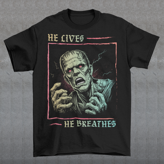 Unleash the power of classic horror with this bold Frankenstein T-Shirt! Featuring a striking, high-contrast illustration of Frankenstein’s monster, the design captures the iconic creature in vivid detail, with piercing eyes and a dramatic aura of life and electricity. Wear it to make a statement, celebrate the macabre, or just show off your love for the timeless tale of Frankenstein’s monster.