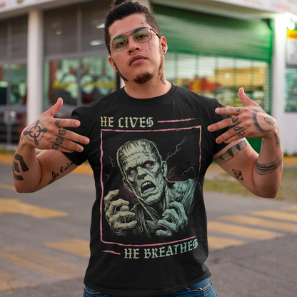 Unleash the power of classic horror with this bold Frankenstein T-Shirt! Featuring a striking, high-contrast illustration of Frankenstein’s monster, the design captures the iconic creature in vivid detail, with piercing eyes and a dramatic aura of life and electricity. Wear it to make a statement, celebrate the macabre, or just show off your love for the timeless tale of Frankenstein’s monster.