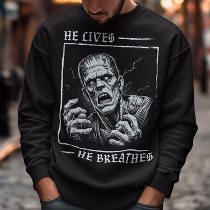Unleash the power of classic horror with this bold Frankenstein Sweatshirt! Featuring a striking, high-contrast illustration of Frankenstein’s monster, the design captures the iconic creature in vivid detail, with piercing eyes and a dramatic aura of life and electricity. Wear it to make a statement, celebrate the macabre, or just show off your love for the timeless tale of Frankenstein’s monster.