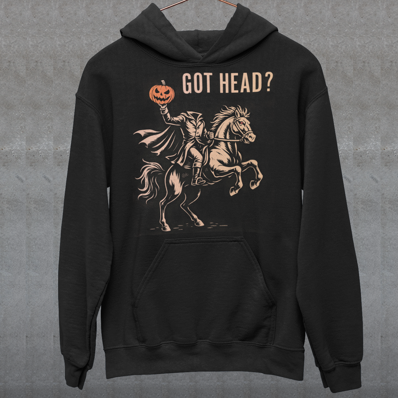 Unleash your spooky side with our “Got Head?” Headless Horseman Hoodie — the perfect blend of dark humor and Halloween legend. Featuring a bold, detailed illustration of the iconic Headless Horseman, this shirt captures eerie motion and mischief in one unforgettable design. The clever “Got Head?” slogan adds a playful twist that’s sure to turn heads (pun intended).