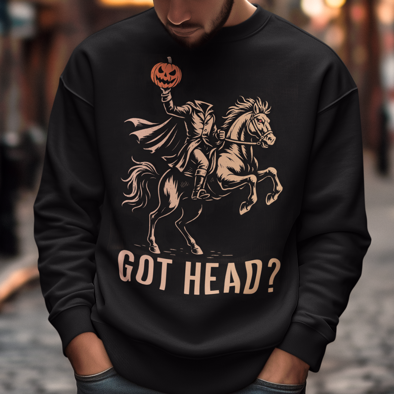 Unleash your spooky side with our “Got Head?” Headless Horseman Sweatshirt — the perfect blend of dark humor and Halloween legend. Featuring a bold, detailed illustration of the iconic Headless Horseman, this shirt captures eerie motion and mischief in one unforgettable design. The clever “Got Head?” slogan adds a playful twist that’s sure to turn heads (pun intended).